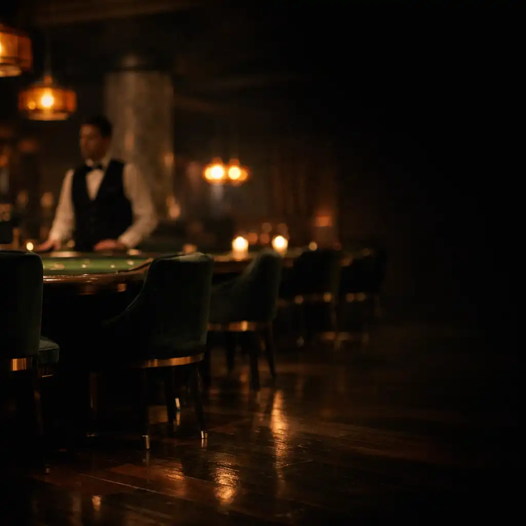 Low-lit physical lounge at Suppervion with refined gaming tables and amber evening light