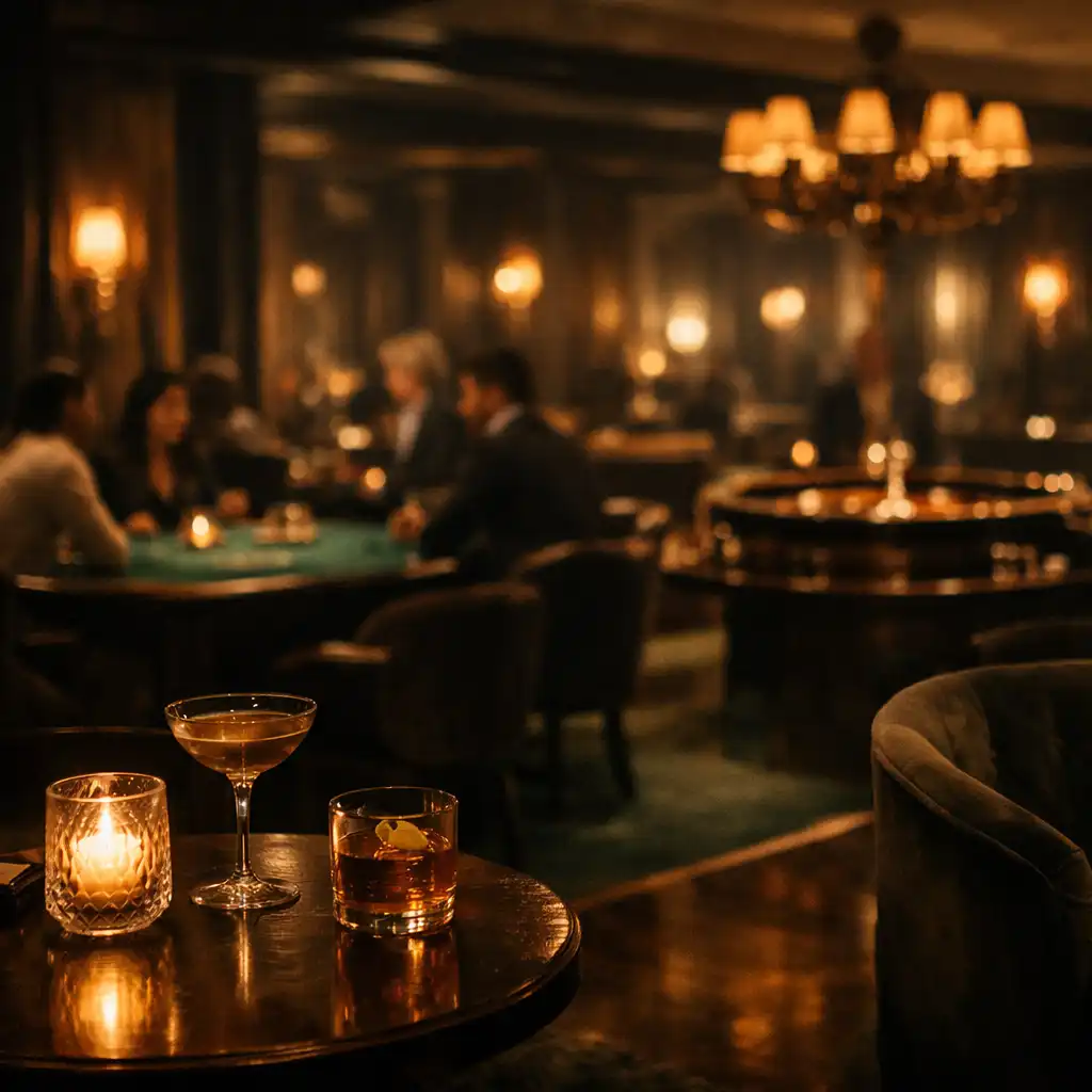 Warmly lit physical gaming-table atmosphere in Suppervion's Edinburgh lounge