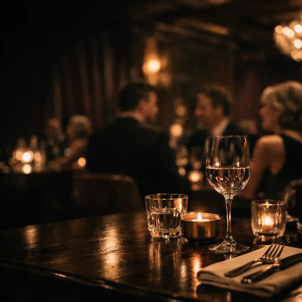 Candlelit supper-club dining room at night