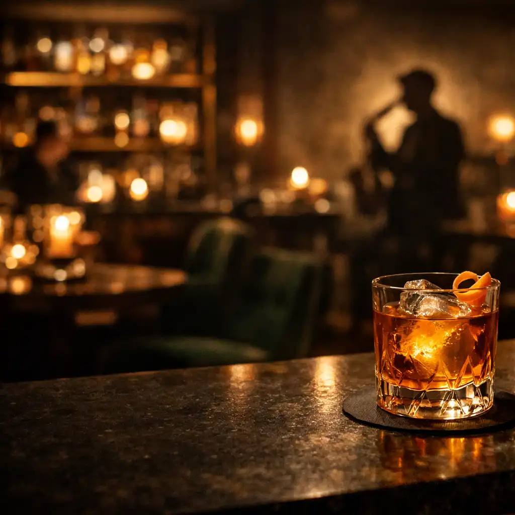 Amber cocktail on a dark bar amid candlelit Suppervion dining-room ambience