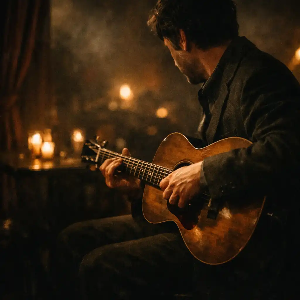 An anonymous musician performing acoustically in Suppervion's candlelit venue