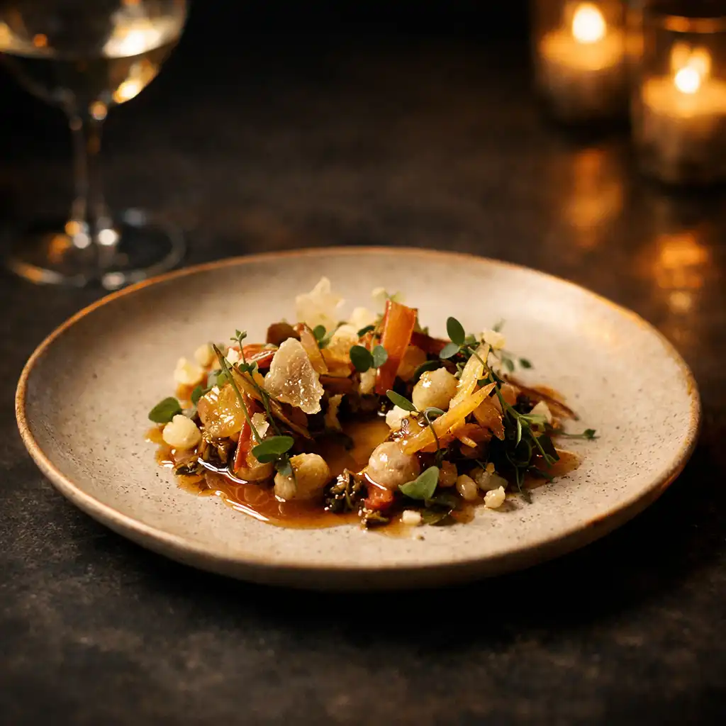 A composed artisan dining plate on a dark table in warm candlelight