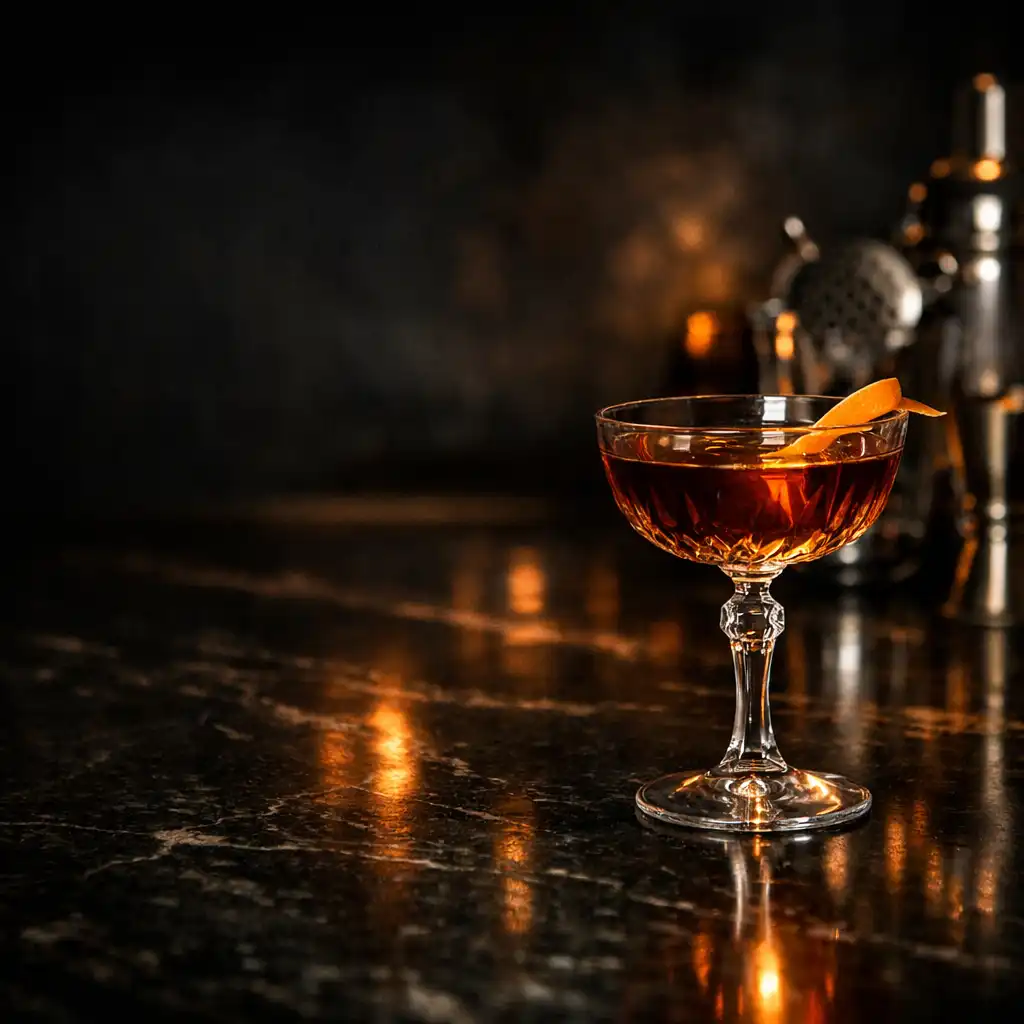 Crafted cocktail in refined glassware on a dark bar with amber reflections