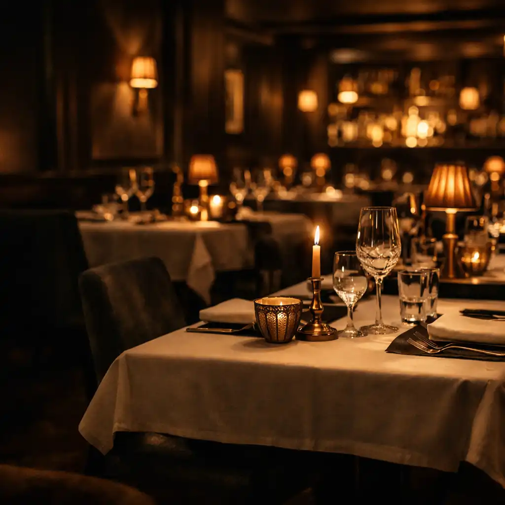 Evening dining room at Suppervion with candlelit tables, glassware and dark timber surroundings