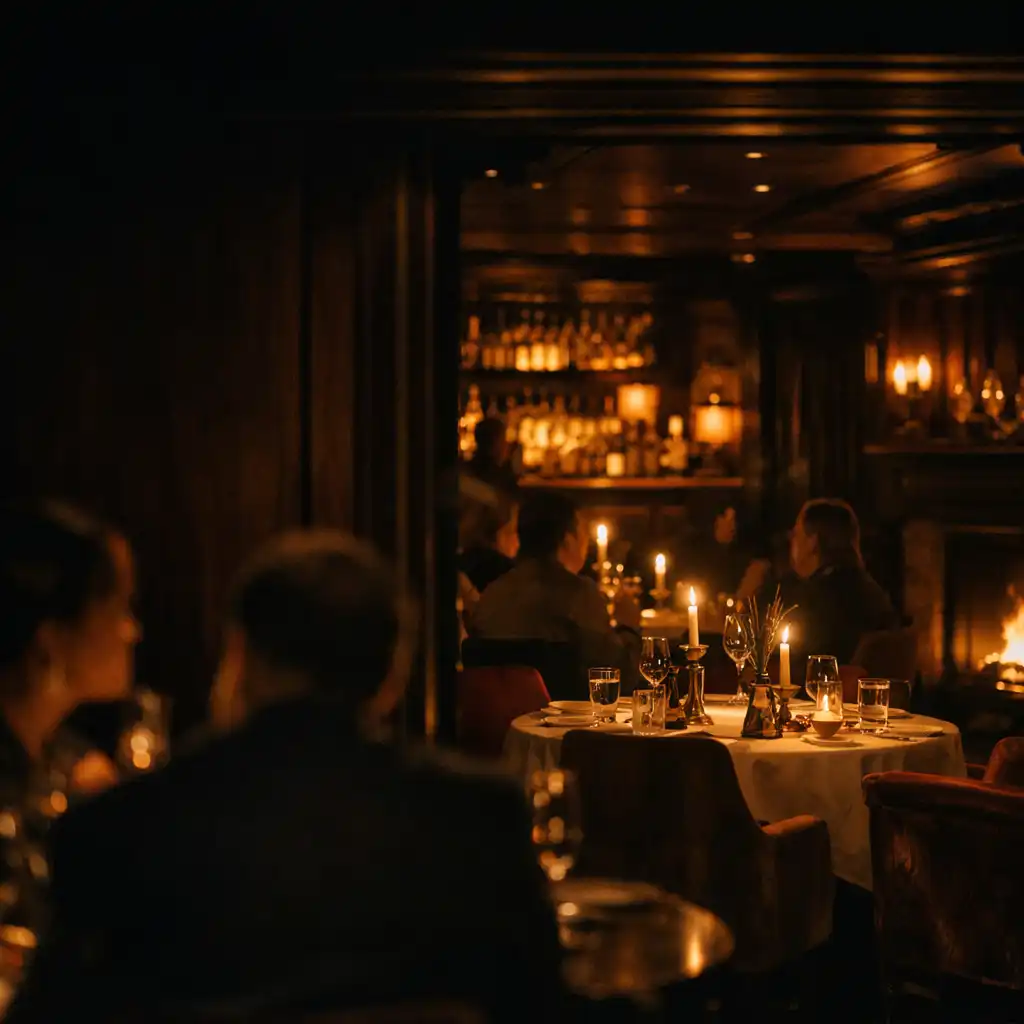 Candlelit tables and amber bar light inside Suppervion's Edinburgh supper club dining room