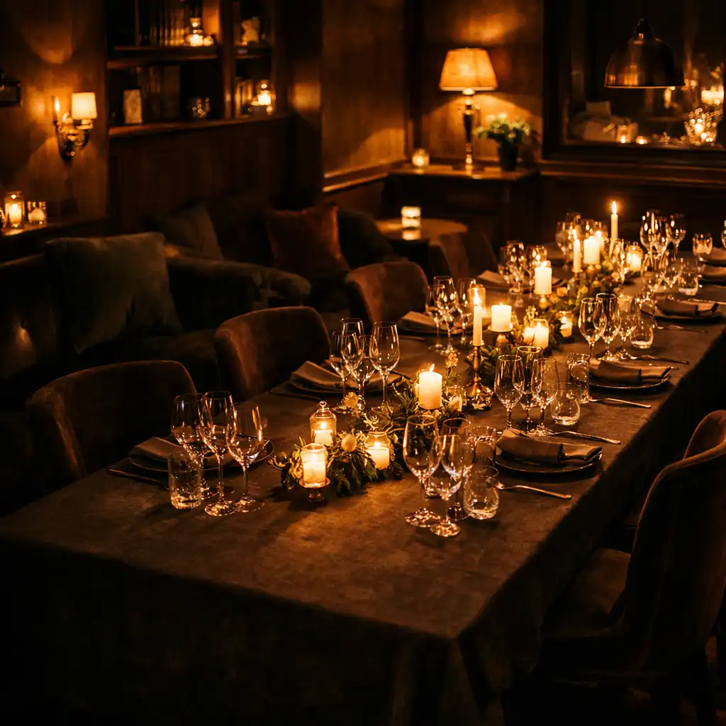 Intimate private dining table prepared in low candlelight at Suppervion