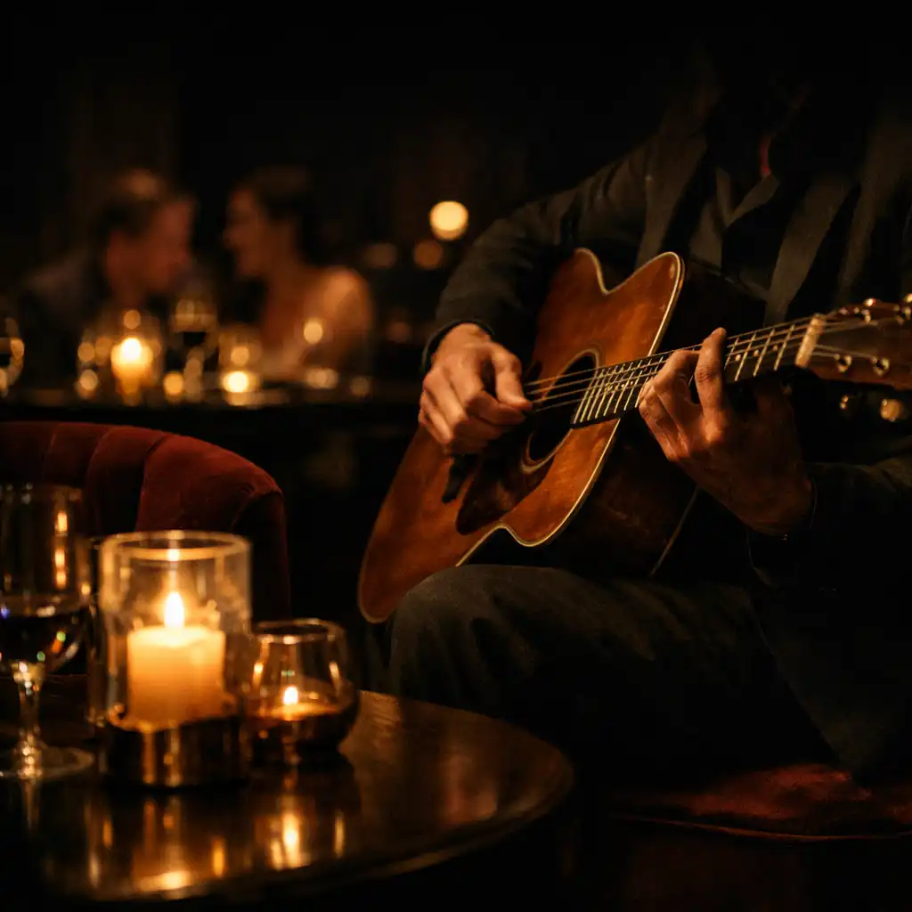 Warmly lit acoustic jazz performance detail in an intimate supper-club setting