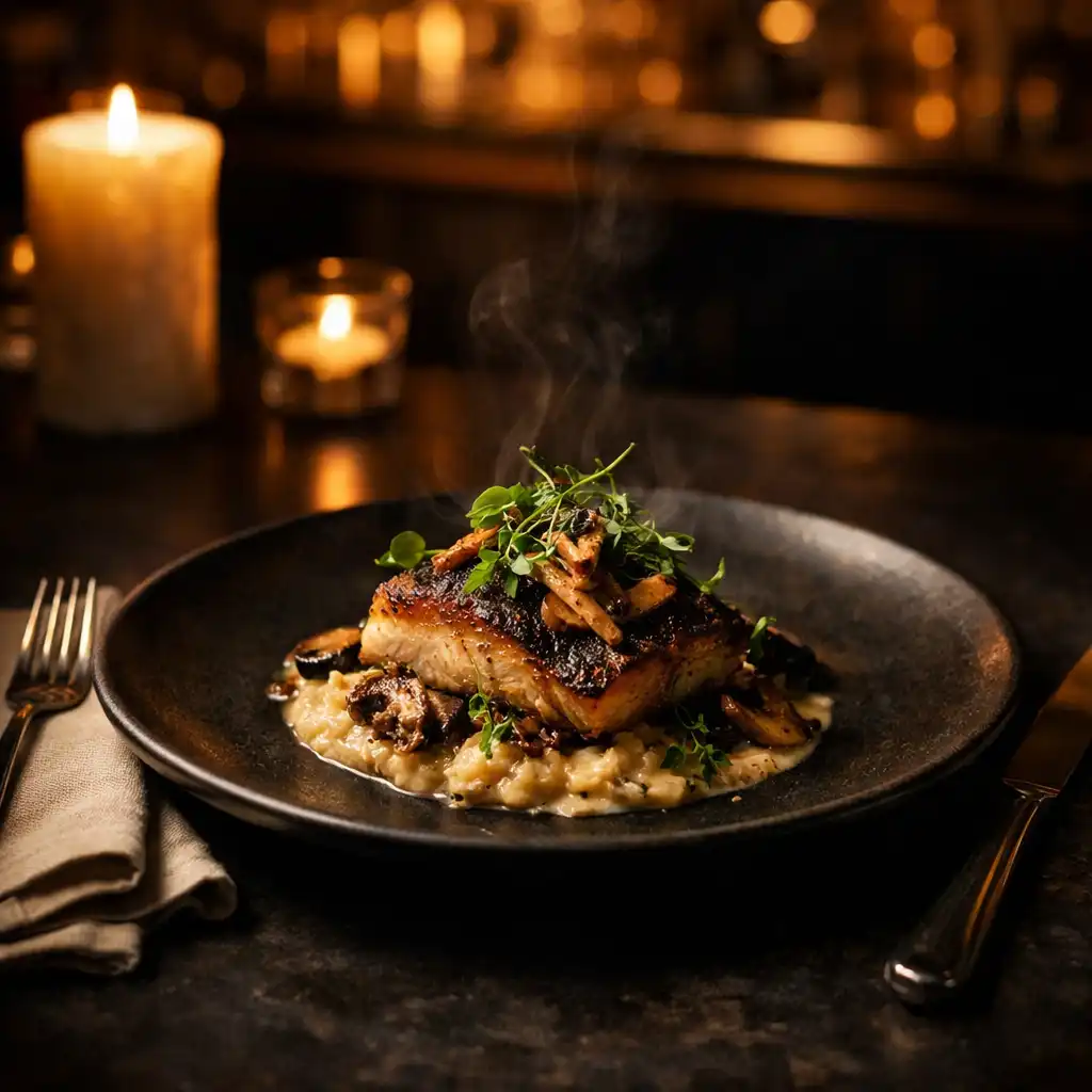 Artisan plated dish on dark stoneware at a candlelit supper-club table