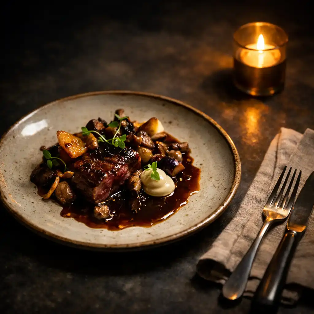 An artisan fine-dining plate presented on a dark stone table