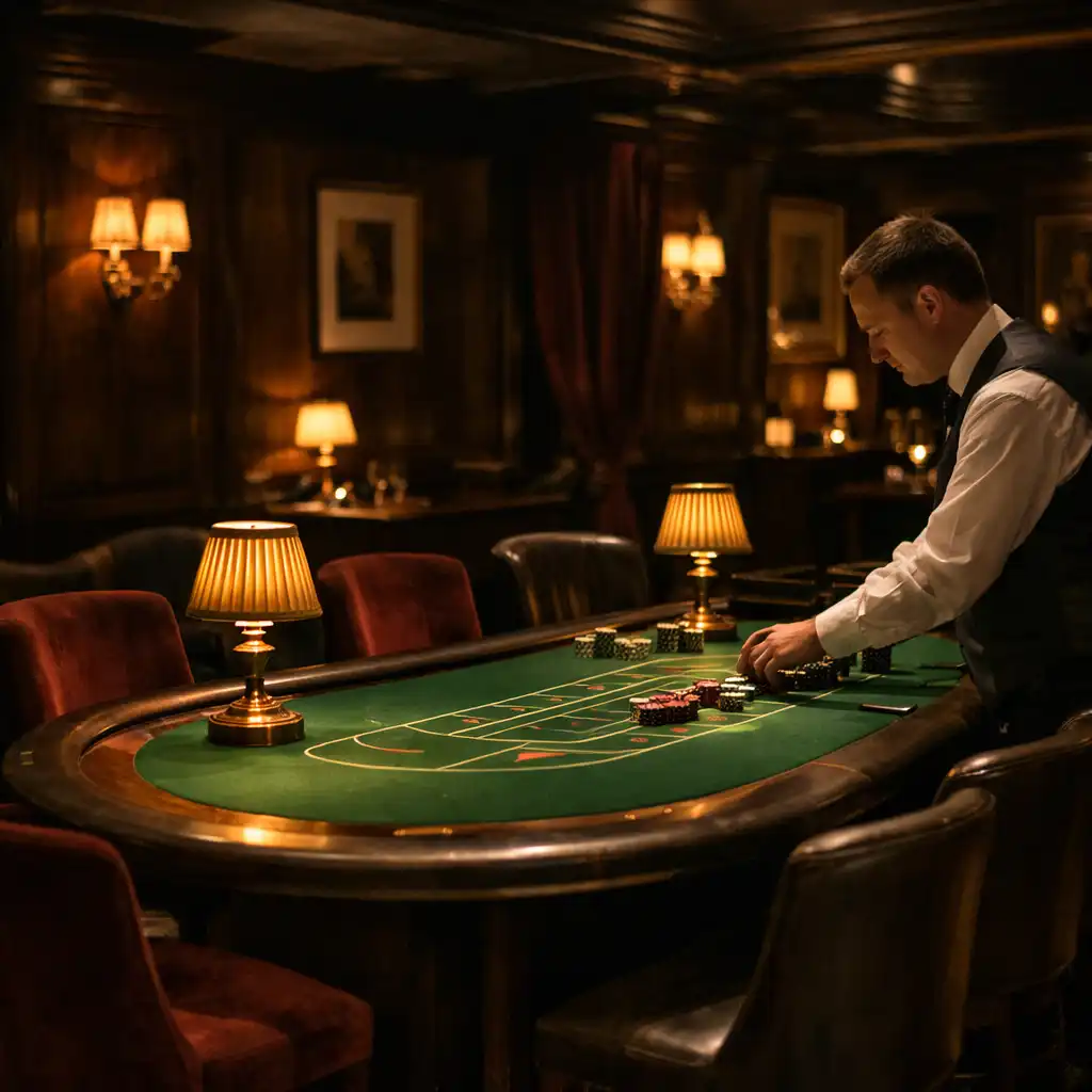 A green felt gaming table and live croupier in Suppervion's physical casino lounge