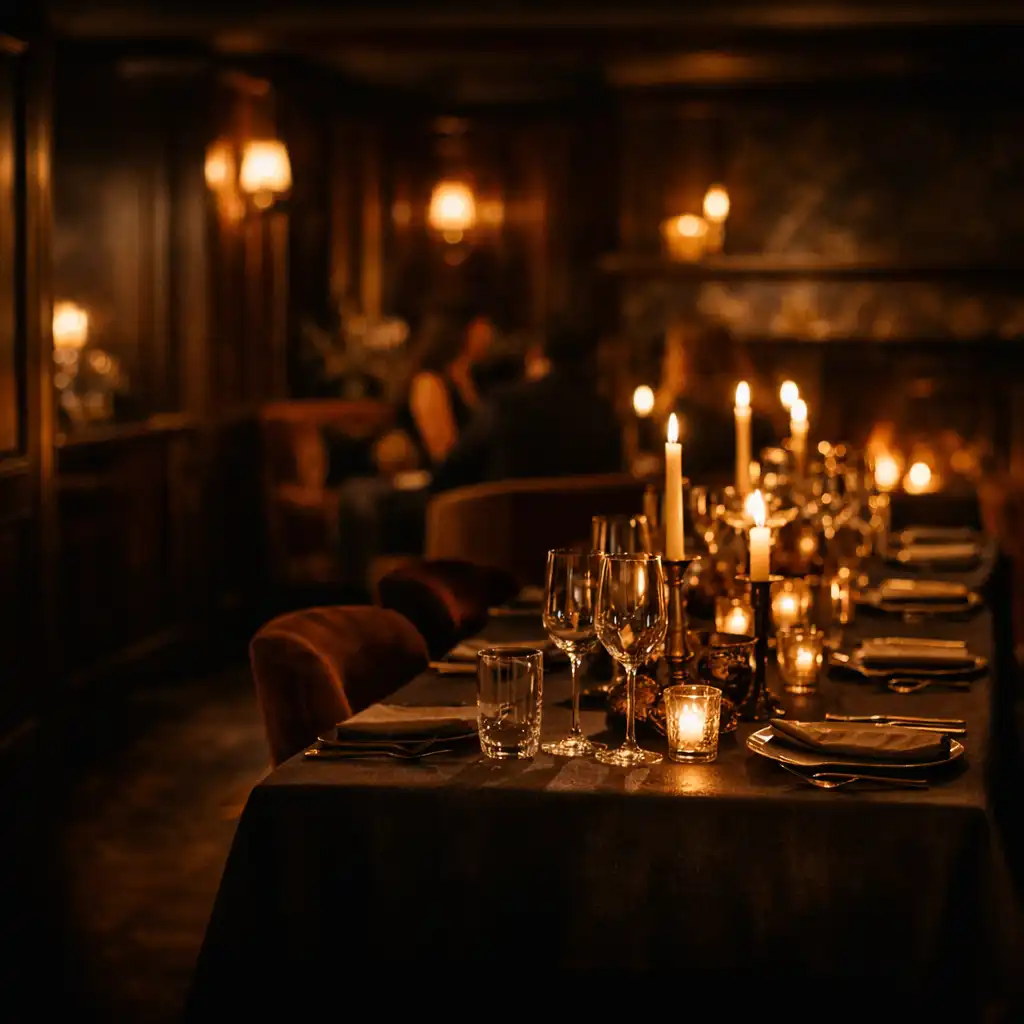 Candlelit tables in Suppervion's dark, elegant dining room in Edinburgh