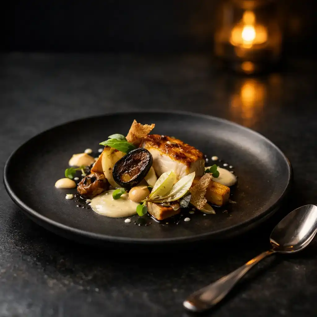 Refined artisan dish presented on a dark ceramic plate